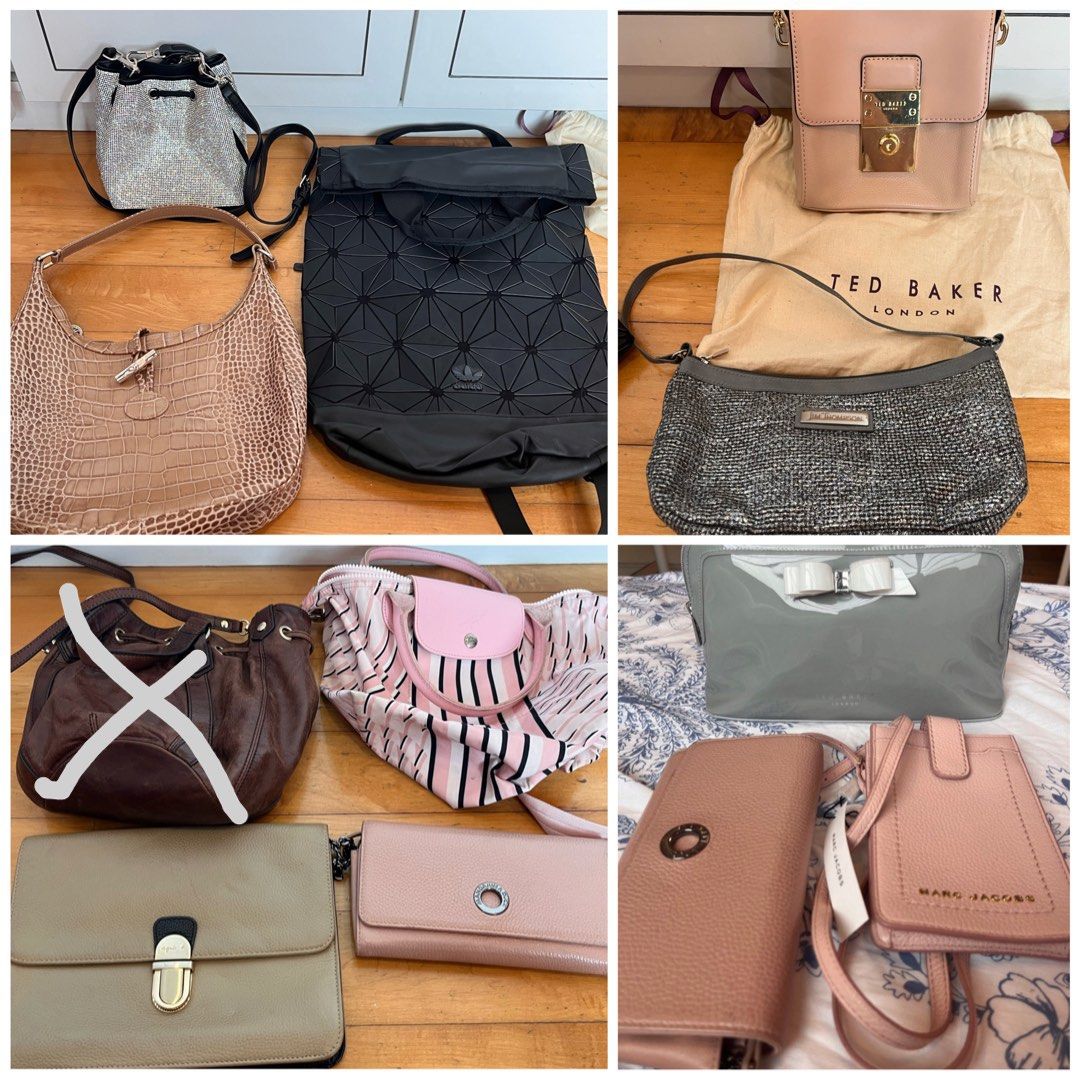 brand new and preloved luxury/ branded bags jim thompson silver shoulder bag, agnes b clutch, adidas black backpack, longchamp y2k brown and striped pink bag, marc jacobs/ mandarina duck/ ted baker cross body sling bags, card holder (Category: Bags & Wallets) located in Singapore. Submitted by honeypegasus (Listing ID 1243913925, Image 1). Description: 2nd pic: - boutique silver sling bag, BNIP $20 - adidas miyake roll top black backpack, BNIP $5