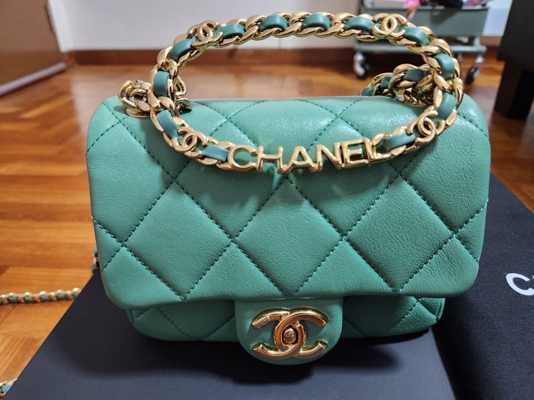 CHANEL 23C Light Green Lamb Skin Classic Quilted Square Mini Flap