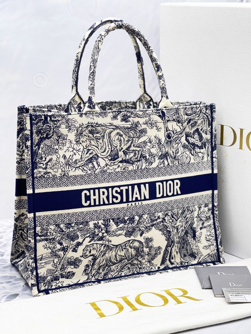Large Dior Book Tote Ecru and Gray Toile de Jouy Embroidery (42 x