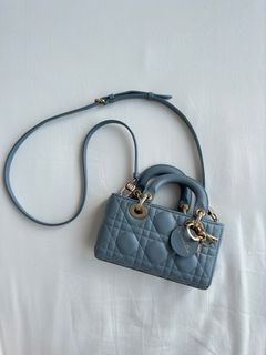 Dior Mini Lady Dior Bag Natural Wicker/Blue in Leather/Jacquard with Gold-tone  - US