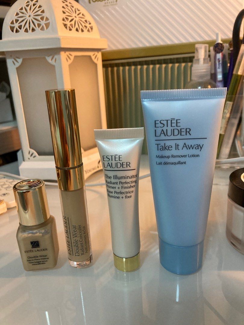 Estée Lauder Bundle (Category: Makeup) located in Taguig. Submitted by floseason (Listing ID 1251990269, Image 1). Description: - Full size Double wear concealer in 2W light medium (SRP at 2,300 based on the blue app official page) - double wear foundation sample in 1w bone - take it away makeup remover lotion 30ml - illuminator primer 1500 for all .