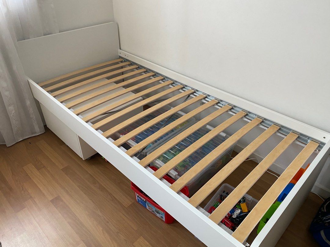IKEA Slakt single bedframe with 1 wooden storage box, Furniture & Home Living, Furniture, Bed
