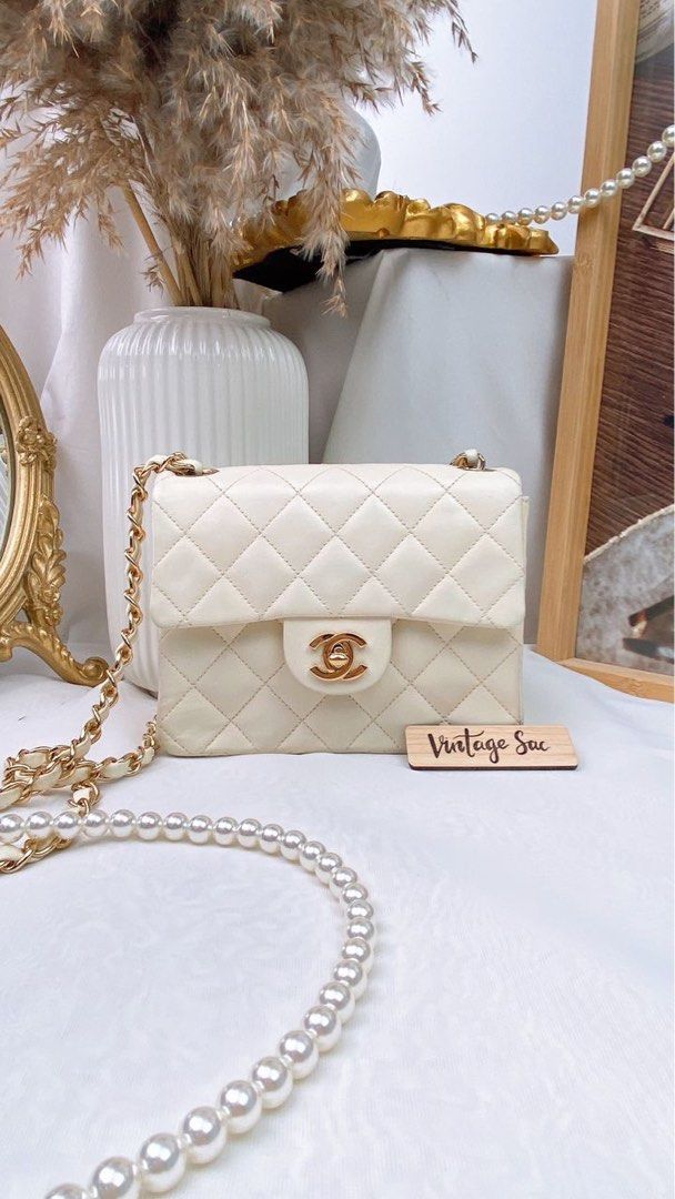 JZC7475 Ivory Lambskin Vintage Mini Square Flap Bag GHW, Luxury, Bags &  Wallets on Carousell