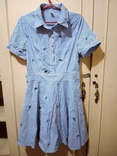 Korean Stripe dress white and blue with embroid eye