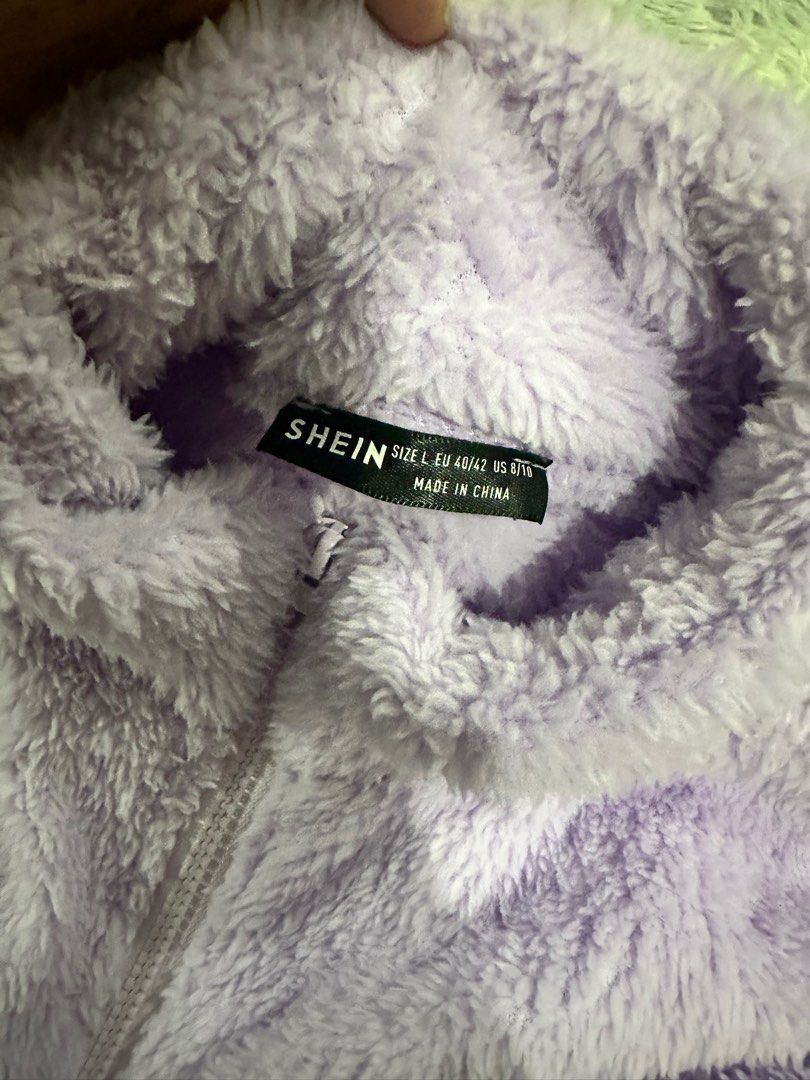 SHEIN Puffy Bomber Jacket Purple - L (Category: Coats, Jackets and Outerwear) located in Manila. Submitted by everythingsale101 (Listing ID 1251973346, Image 3). Description: Brand: SHEIN Color: Purple Size: M-L Faux fur/puffy bomber jacket Super comfy when worn Can send when worn pics.