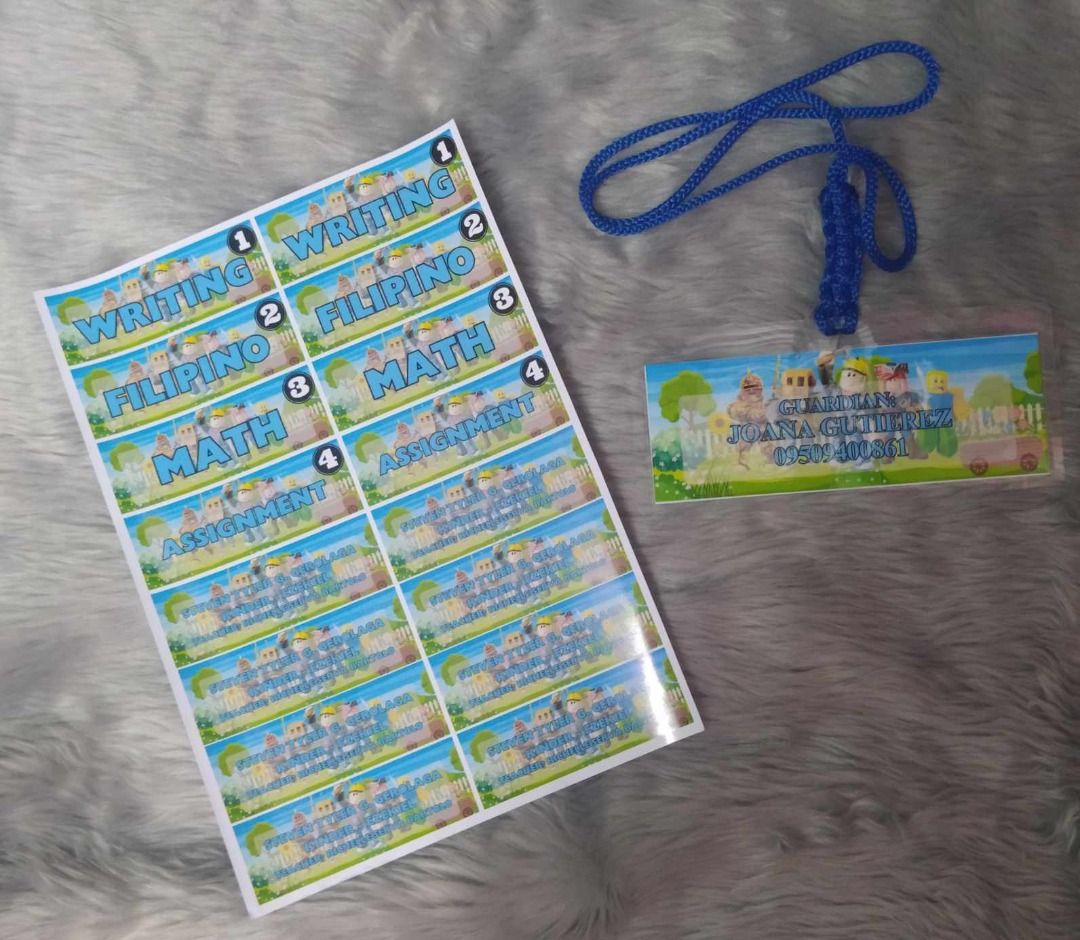 Subject notebook stickers and laminated name tags with lace on Carousell