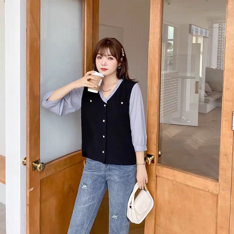 TQSQ1110230 Plus Size V Neck Chiffon Shirt Women s Fashion Tops