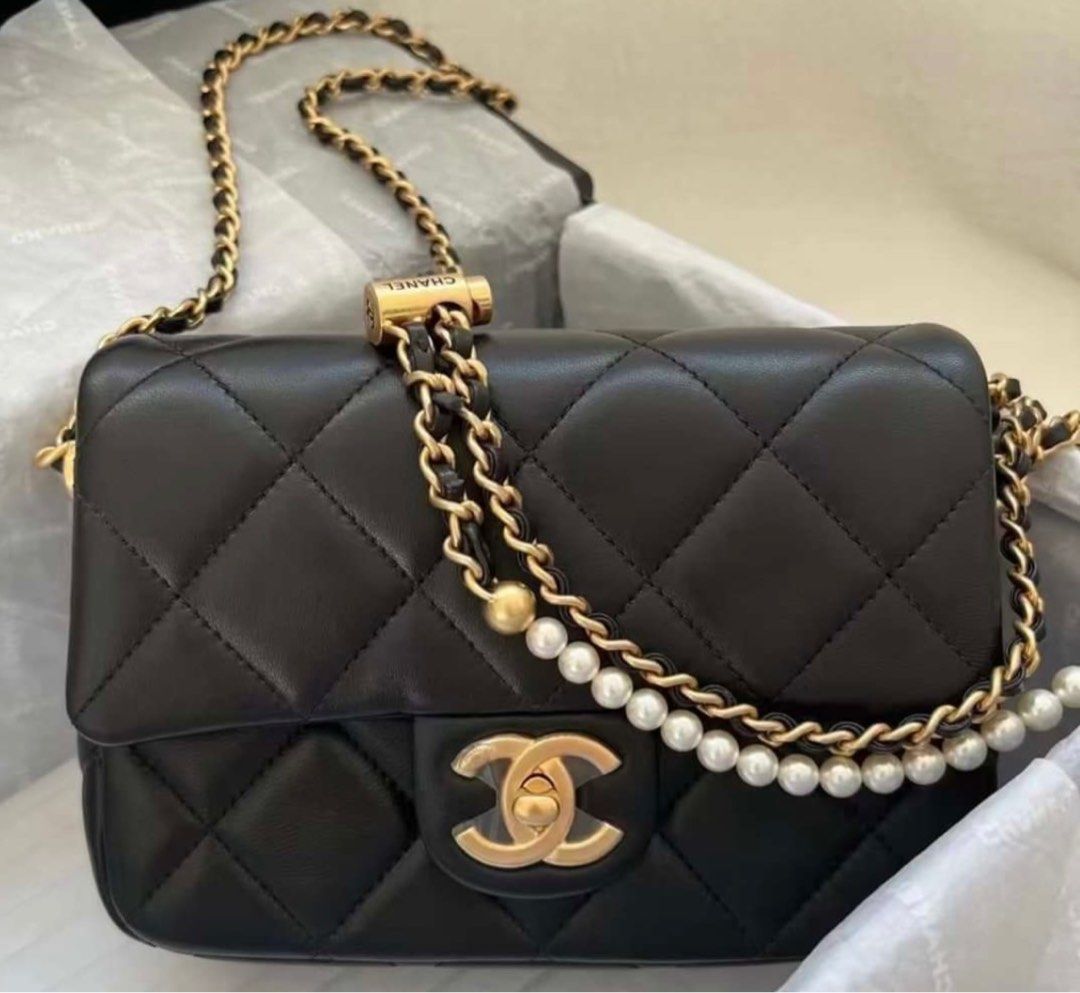 絕版Chanel Pearl Chain Adjustable Flap Bag 17 square 珍珠鏈方胖子 