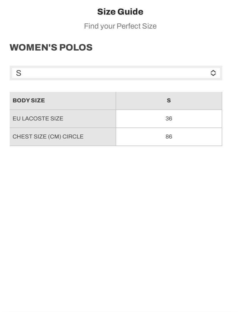 Lacoste women's polo size chart on sale