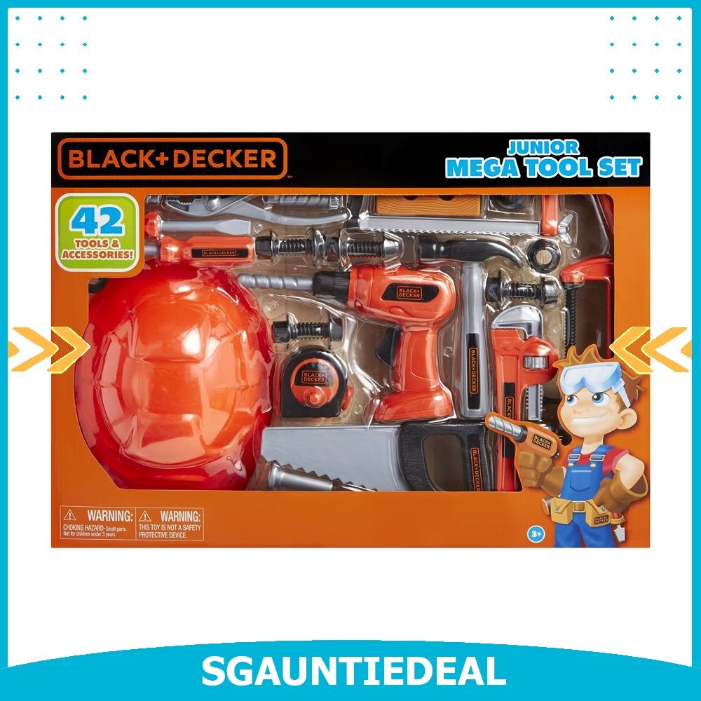 BLACK DECKER Junior Kids Tool Set Mega Tool Set with 42 Tools Accessories Role Play Tools for Toddlers Boys Girls Ages 3 Years Old and Above Includes Helmet 58505 Hobbies