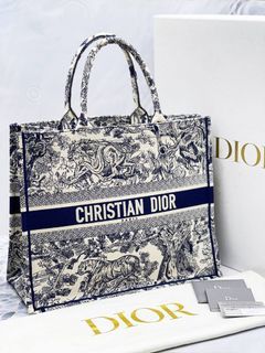 Large Dior Book Tote Pink and Gray Toile de Jouy Sauvage Embroidery (42 x  35 x 18.5 cm)