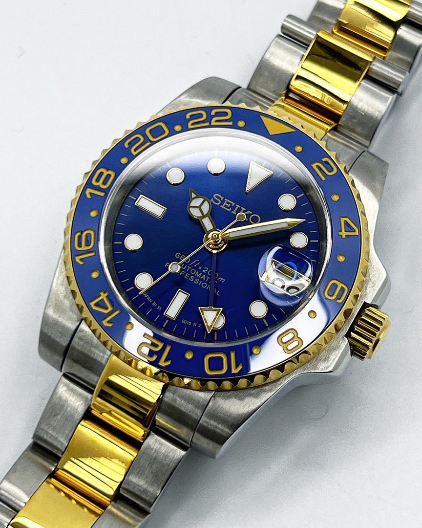 Custom Seiko Mod Blue Gold Silver GMT 40mm Men s Fashion