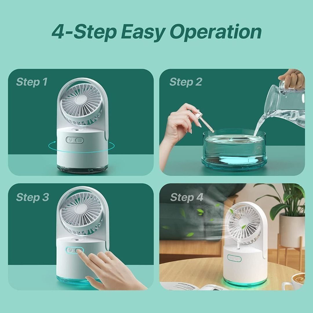 Small Desk Fan with Mist Spray,LED Night Light,Electric Battery Operated  Water Misting Fan,USB Rechargeable Portable Quiet Mini Desktop Table  Cooling