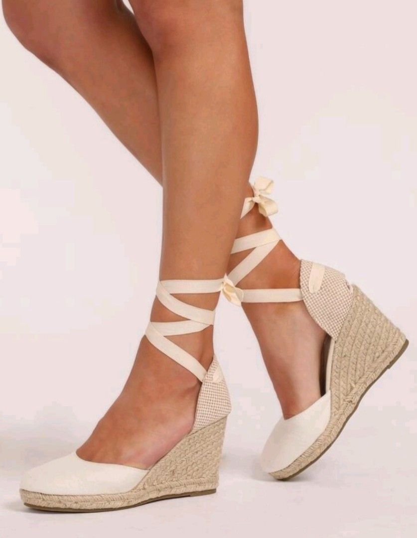 Espadrilles White Cream Lace up Wedge Size 5 6 Women s Fashion Footwear Wedges on Carousell