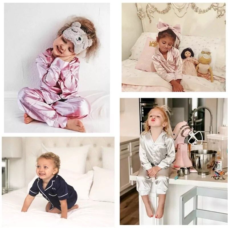 3 6 9 12 14 Years Satin Silk Pajama Sets Sleepwear Pants Tops Sets for  Teens Girls Baby Kids Pink Pajamas Children Home Clothes