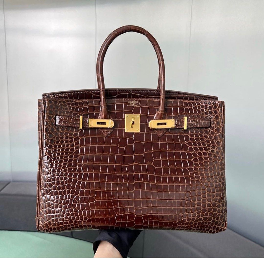 Hermes Shiny Porosus Crocodile Birkin Bag 35 Black