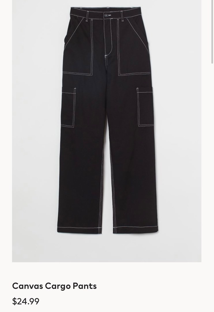 H&M stitch contrast black denim cargo pants, Women's Fashion, Bottoms