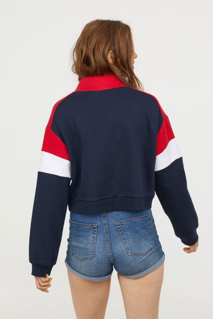 H M Divided Red Navy White Cropped Jumper Sweatshirt Women s