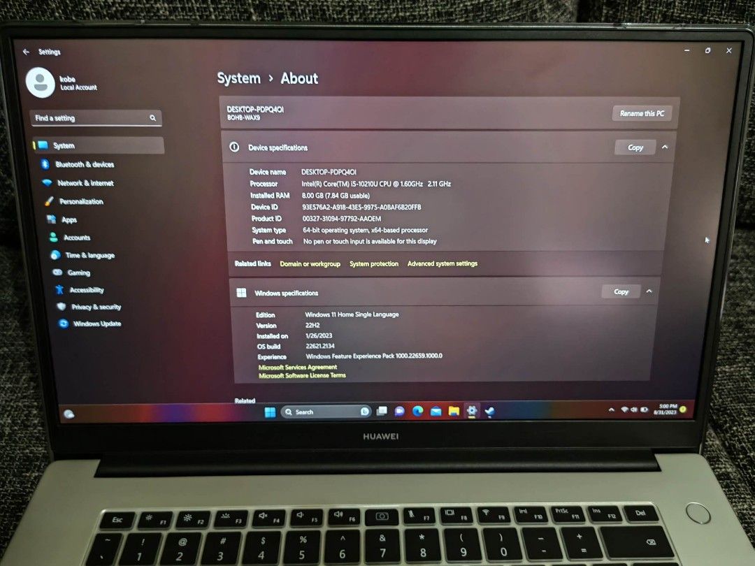 Huawei Matebook D15 (Category: Laptops & Notebooks) located in Subic. Submitted by jjjsantos191511 (Listing ID 1252112382, Image 3). Description: - Intel Core i5 10th gen 10210U Quad Core 1.6ghz Turbo boost up to 2.6ghz - 8GB DDR4 Ram - 256GB NVME SSD - Intel UHD Graphics - 15. 6 inch Full HD 1920x1080p IPS Display - Wifi, Bluetooth Support - Finger Print Sensor - Operating System : Windows 11 64bit - Battery life up to 6-8hrs - Ports: USB 3.0, H