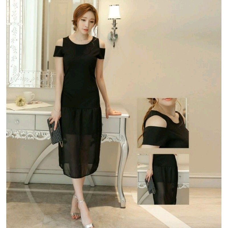 apparel korean black dress Dewlily Puff Sleeve Dress Korean Fashion Teens 20s 30s Cute Date A-line Office Style Off Shoulder Plain Simple