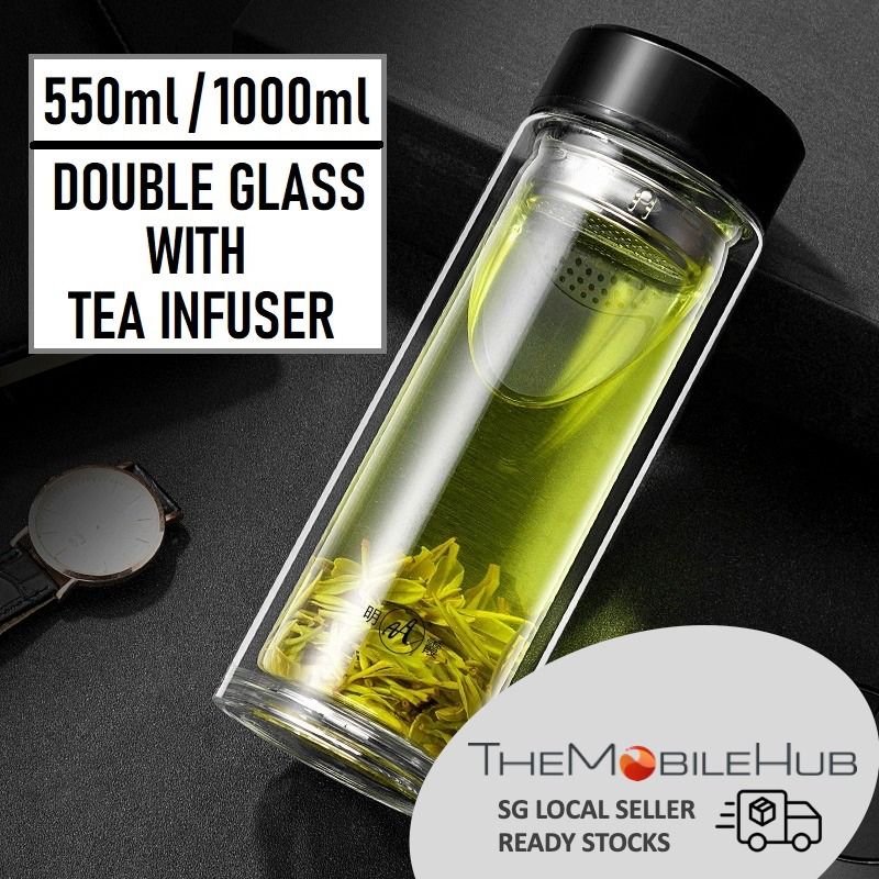 Water,　on　Tumblers　Bottle　Tea　Wall　Bottles　Home　550ml　Water　Carousell　Kitchenware　Living,　Healthy　Strainer　Double　Furniture　Drinking　1000ml　SUS304　Glass　MingXia　Tableware,