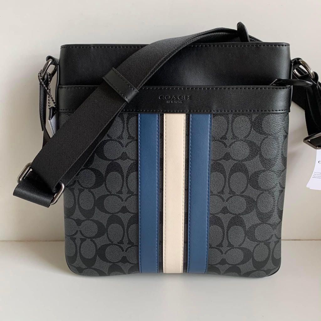 New Coach Original CHARLES CROSSBODY IN SIGNATURE CANVAS WITH VARSITY STRIPE Crossbody Sling Bag For Men Come With Complete Set Suitable For Gift