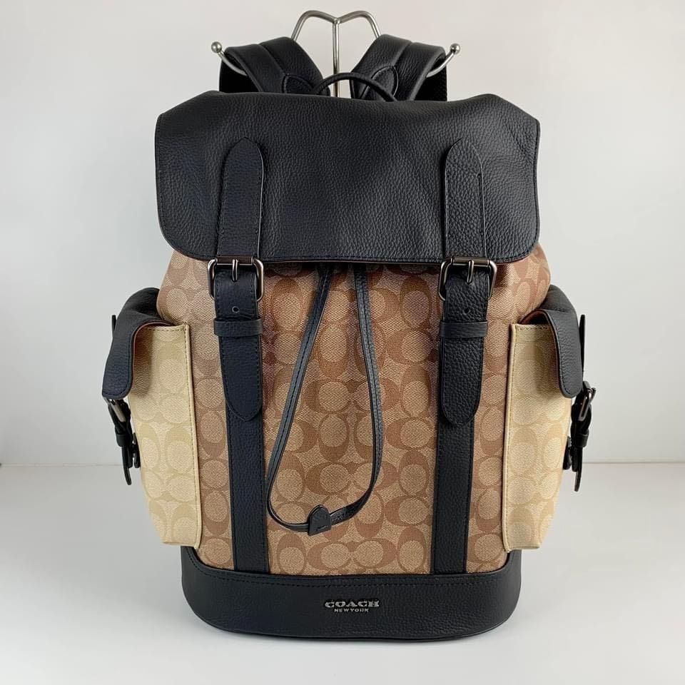 New Coach Original Khaki Black Hudson Backpack In Signature Canvas