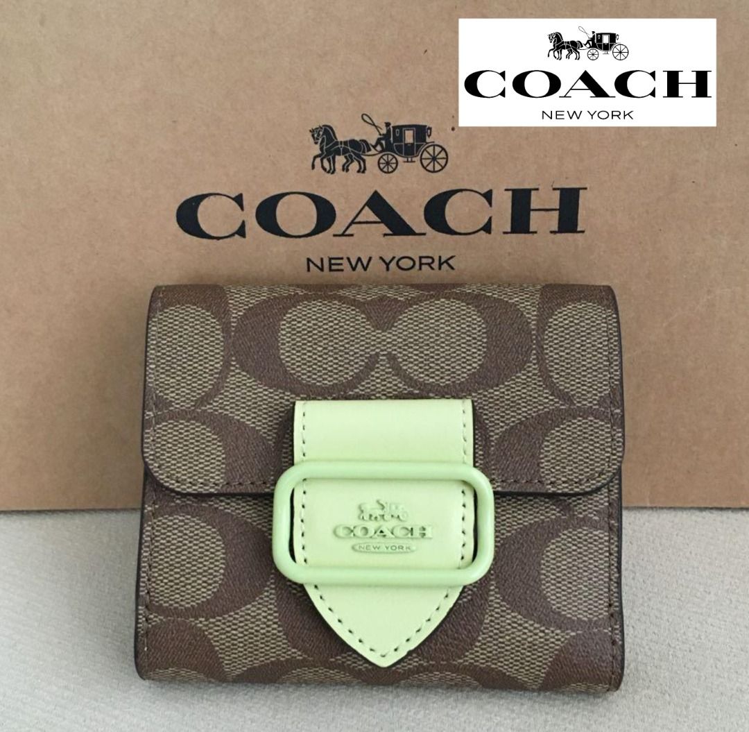 New Coach Original Small Morgan Bifold Wallet Khaki Signature Pale Lime Leather Collection Wallet For Women Come With Complete set Suitable For Gift
