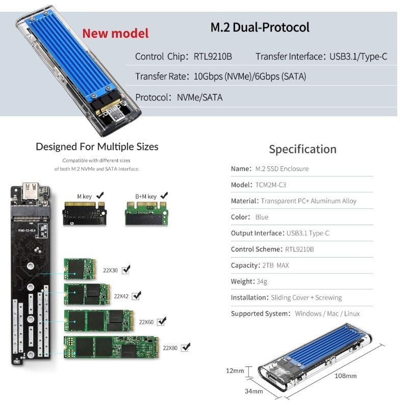 ORICO M.2 NVME NGFF NVME NGFF Dual SSD Enclosure SSD Casing