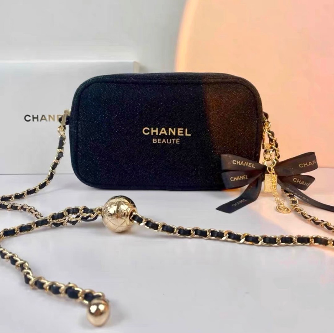CHANEL+Beaute+Gold+Glitter+Cosmetic+Makeup+Bag+Pouch+Clutch+VIP+