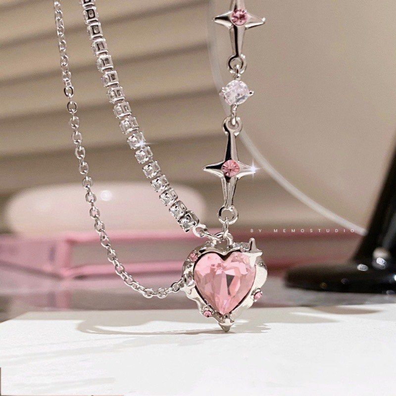 pink heart sparkly diamond crystal harajuku japanese necklace