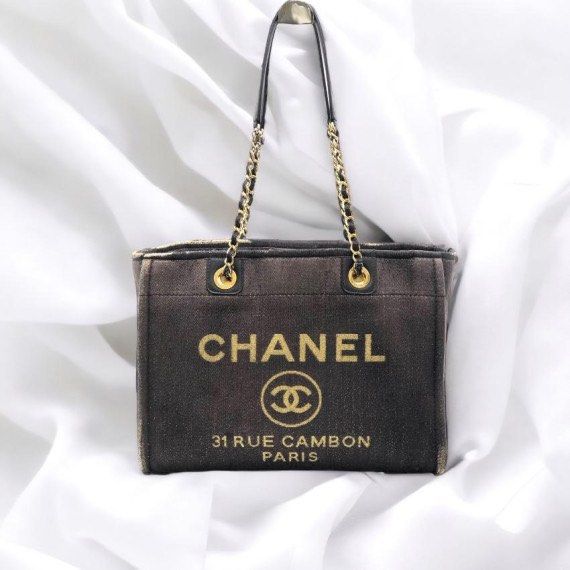 Chanel Deauville Tote Bag Canvas Dark Blue GHW