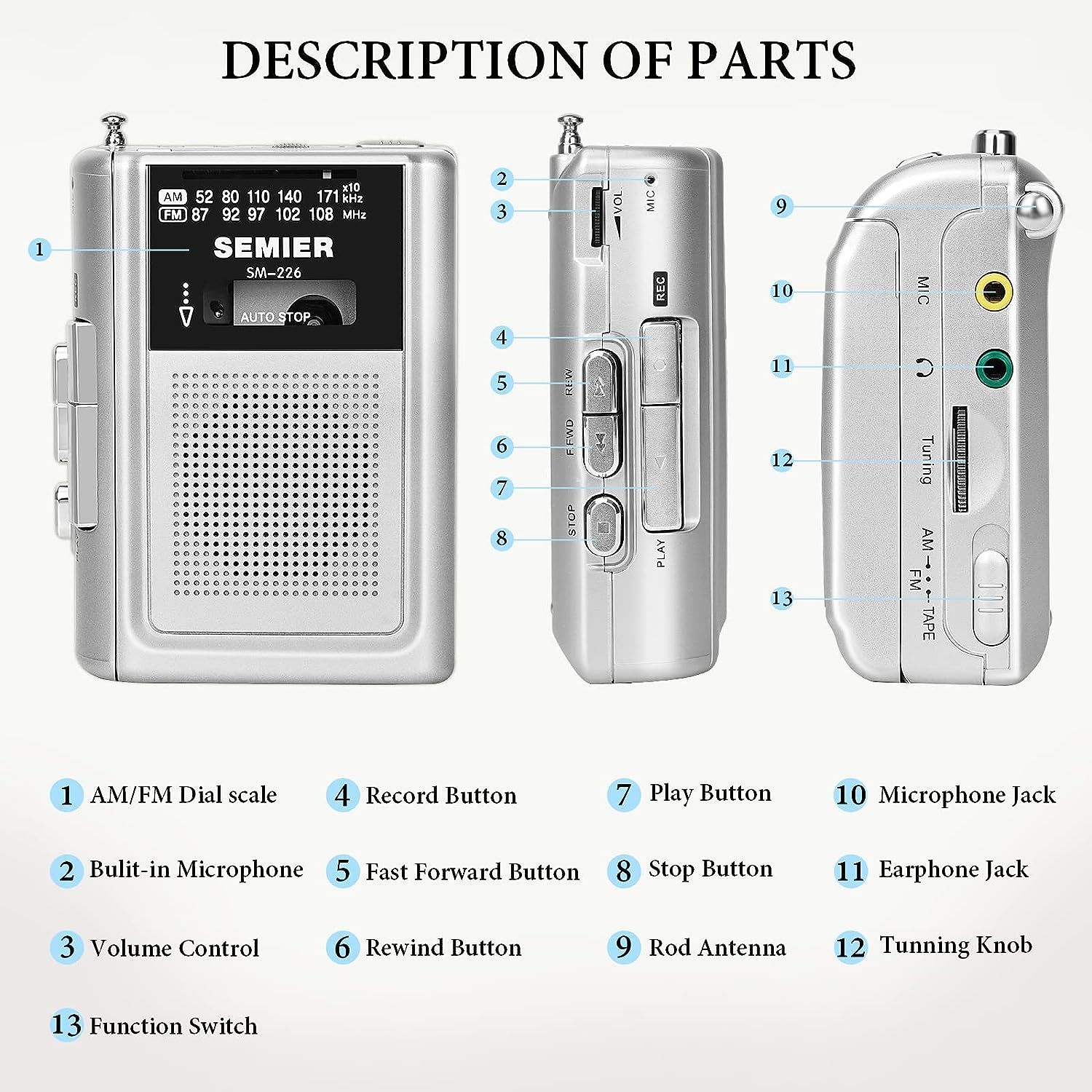 SEMIER Portable Cassette Player Recorder AM FM Radio Stereo -Compact ...