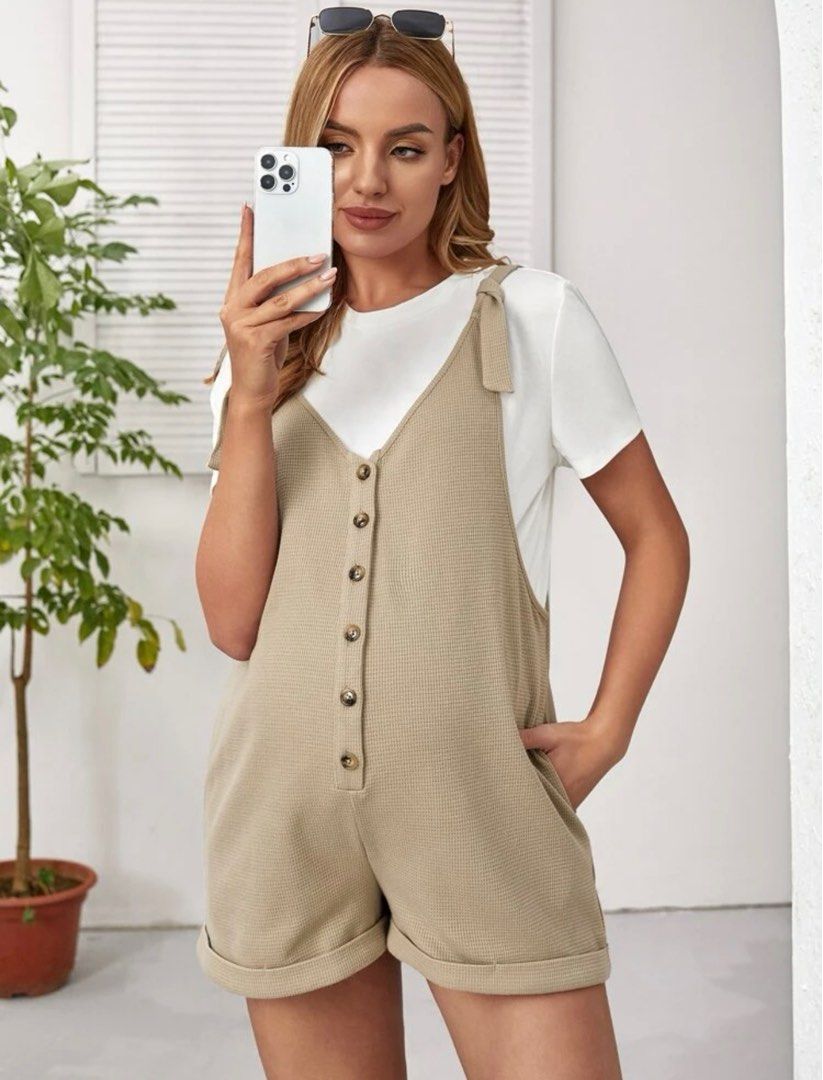 SHEIN Maternity Roll Up Sleeve Tie Front Jumpsuit