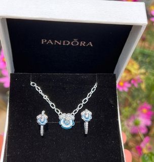 🌺SUPER SALE🌺 PANDORA AUTH BLUE FLOWER LINK CHAIN NECKLACE AND HOOP EARRING TERNO SET