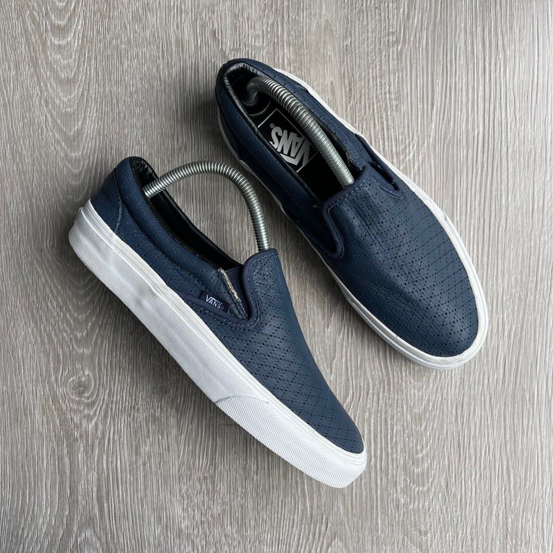 Blue leather shop slip on vans
