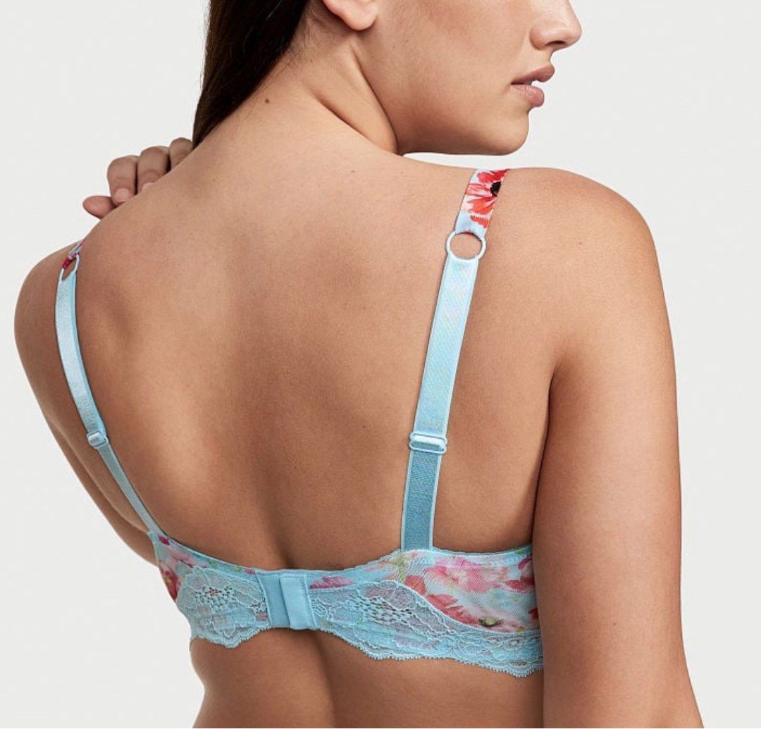 Victoria's Secret Bombshell Add 2 Cups Satin Floral Blue Strap