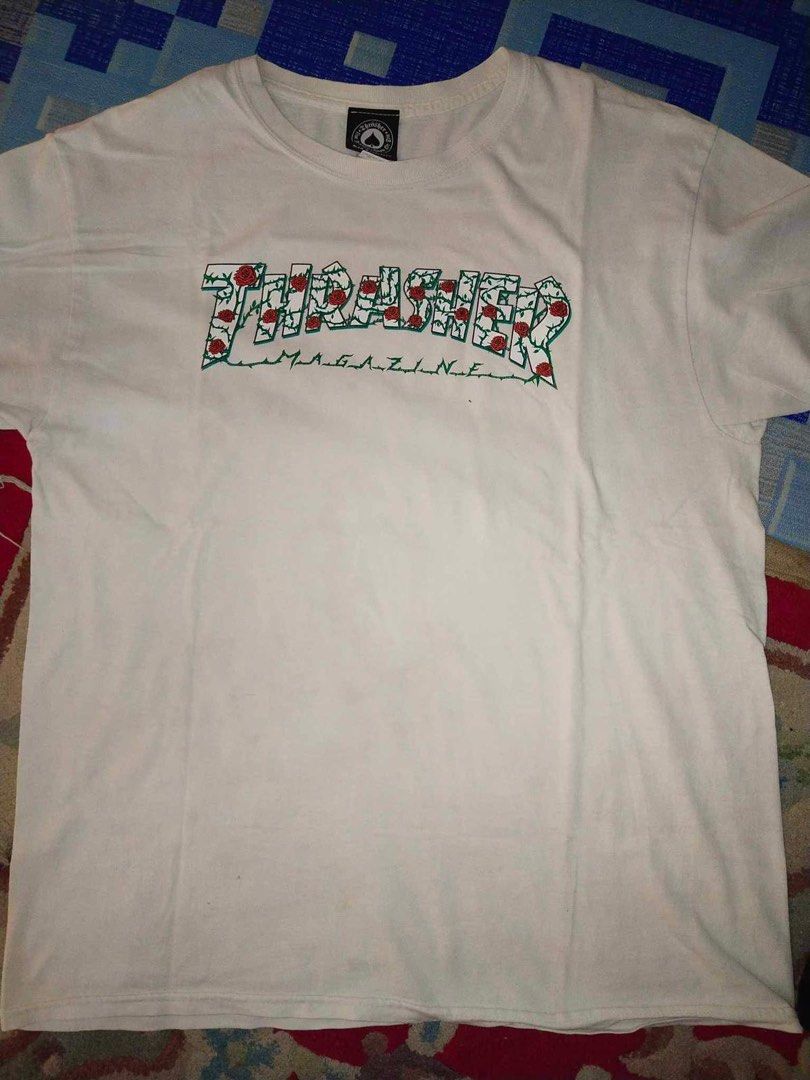 Pre Loved White w Roses Thrasher Shirt Men s Fashion Tops
