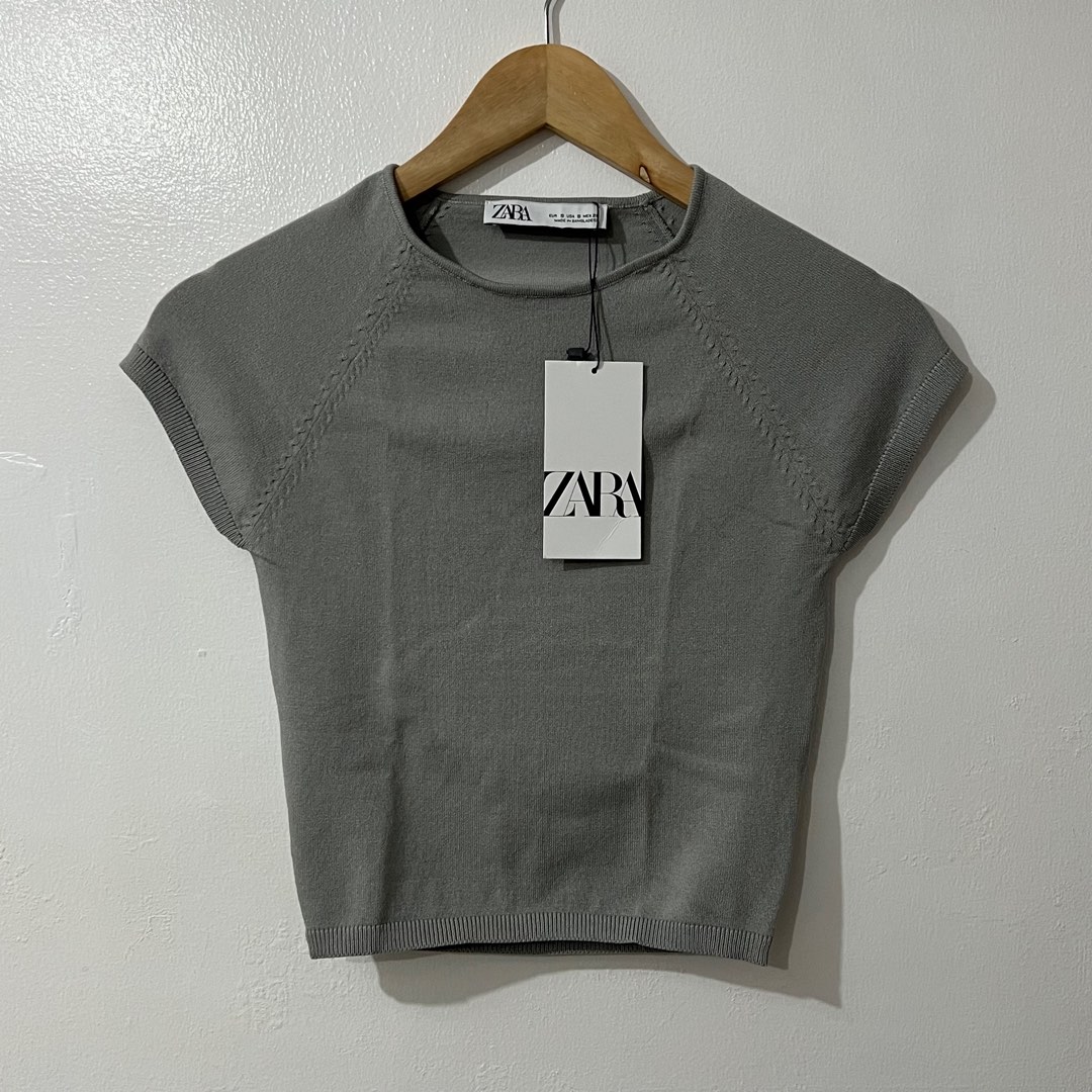 Zara KNIT TOP WITH OPEN BACK Grey, Women's Fashion, Tops, Blouses on