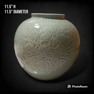 11.5" Signed Large Celadon Porcelain Planter Vase Incised Flowers Motif