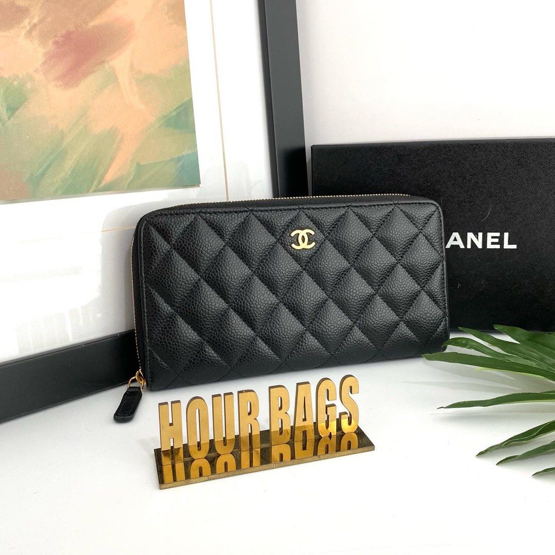 💯% Authentic Chanel Black Color Quilted Caviar Zip Long Wallet With GHW