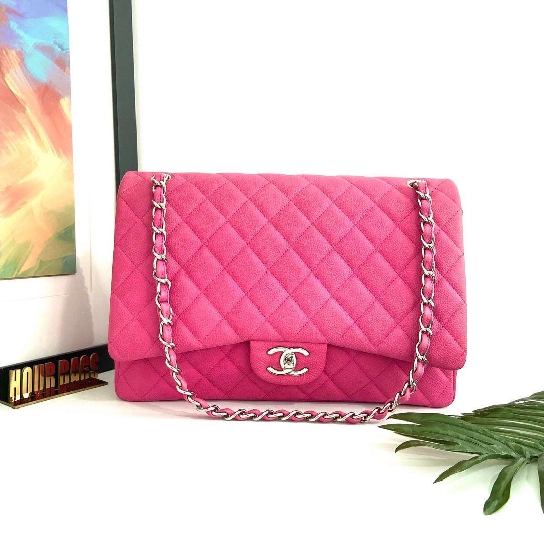 💯% Authentic Chanel Pink Color Quilted Caviar Maxi Jumbo Classic Double  Flap Bag with SHW
