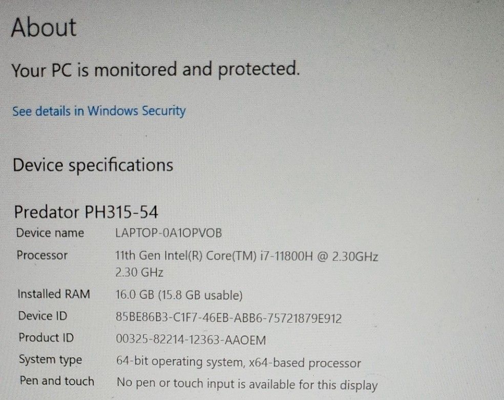 Acer Predator Helios 300 - 15.6 Intel i7-10750H 2.6GHz 16GB Ram 512GB SSD  W10P