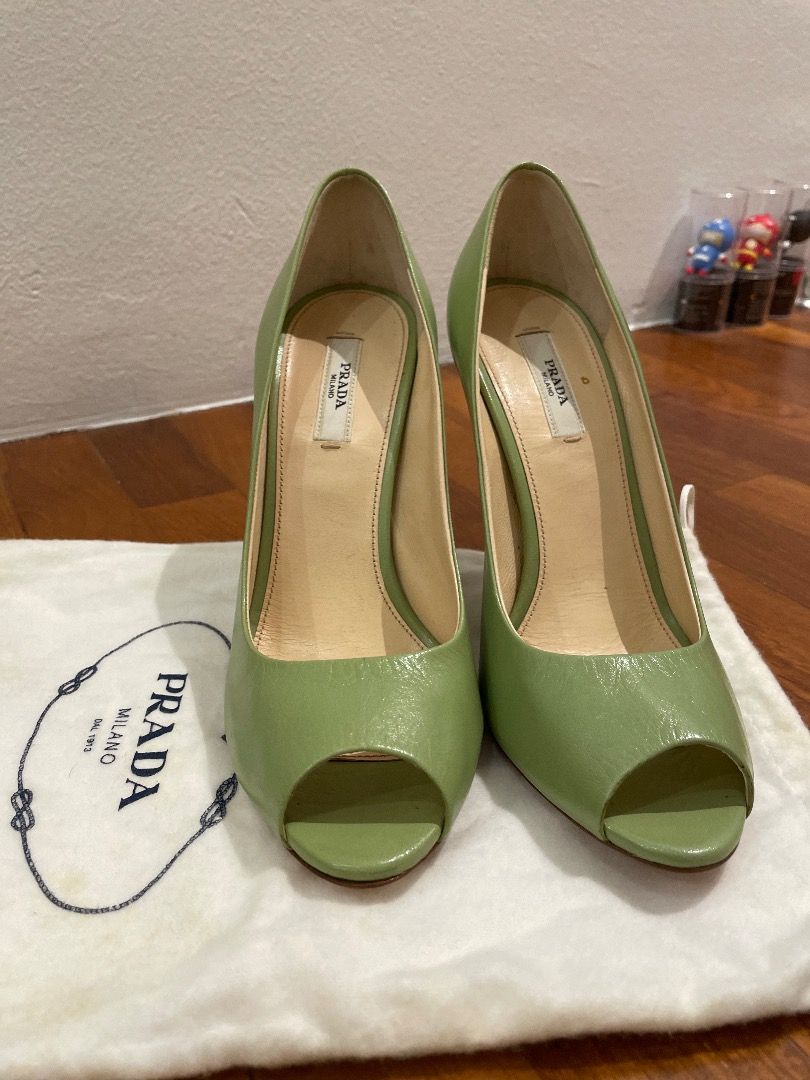 Authentic Prada Mint Green Leather Open Tote Pumps