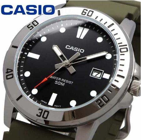 Casio MTP VD01 Analog Green Resin Strap Black Dial Men Watch MTP VD01 3EVUDF MTP VD01 3E SOL2696