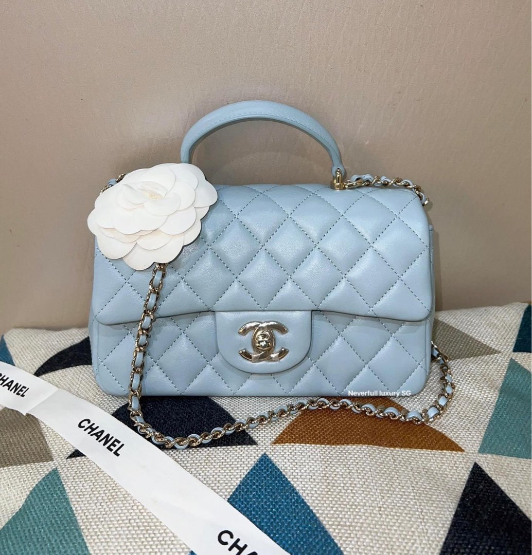Chanel Mini Top Handle Light Blue Quilted Lambskin in GHW Bag, Luxury, Bags  & Wallets on Carousell