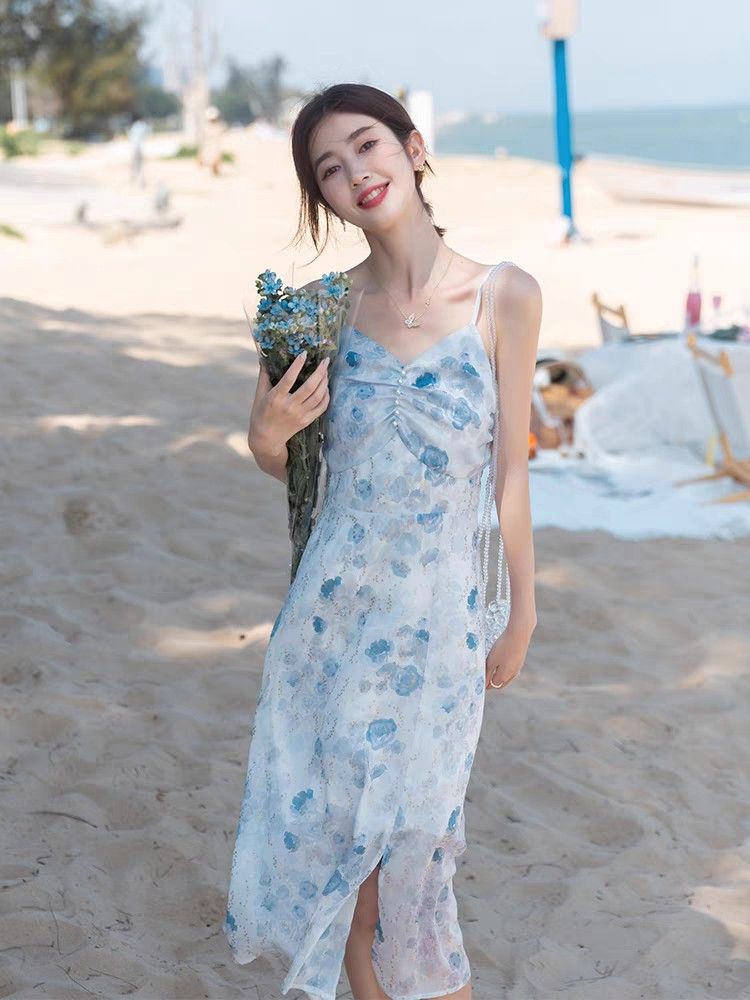 Chiffon light blue floral sphagetti straps dress with pearls details Women s Fashion Dresses Sets Dresses on Carousell