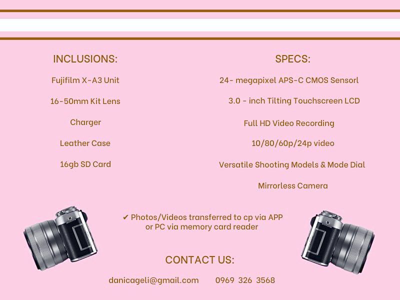 Fujifilm X-A3 Camera for Rent (Category: Cameras) located in Quezon City. Submitted by icazcloset (Listing ID 1230866482, Image 2). Description: Please message us for reservations and any questions or visit our ig page @hiramcam.mnl FOR MORE!!!.