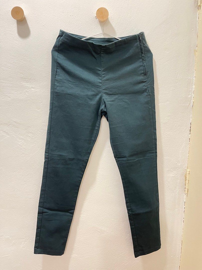 H M Dark Teal Green Tight Fit Ankle Length Side Zip Long Pants