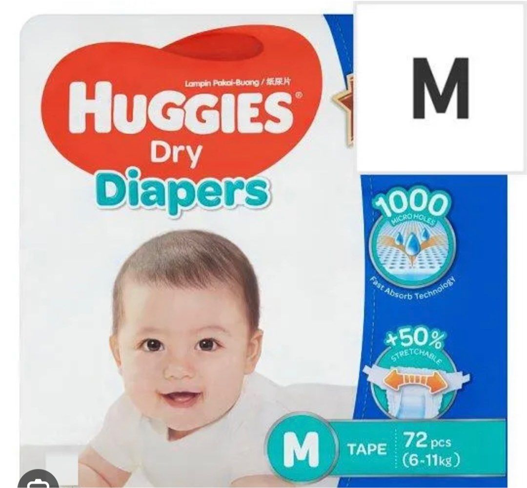 Huggies Dry Diapers Size M tape, Babies & Kids, Bathing & Changing